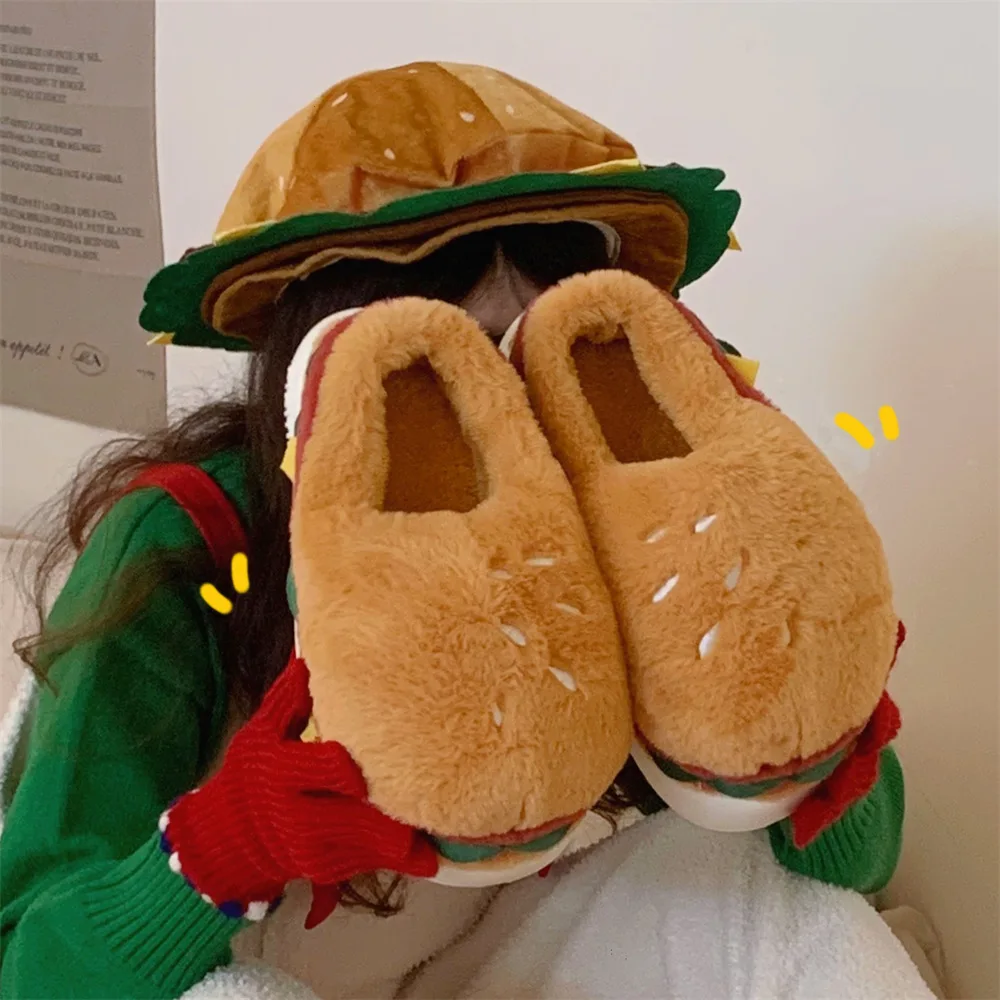 Kobiety mężczyzna zima puszysty pokój ciepłe buty futro slajdy puszyste wewnętrzne półbuty wielkanocne chleb pantofel 44 45 Nowe zabawne hamburger kapcie