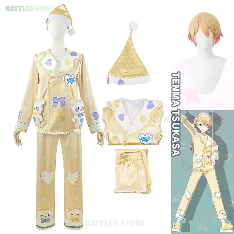 프로젝트 세카이 컬러풀 스테이지 텐마 츠카사 잠옷 귀여운 곰 슈트 옐로우 나이트캡 의상 파티 코스프레 홈웨어;6,r'8;p'