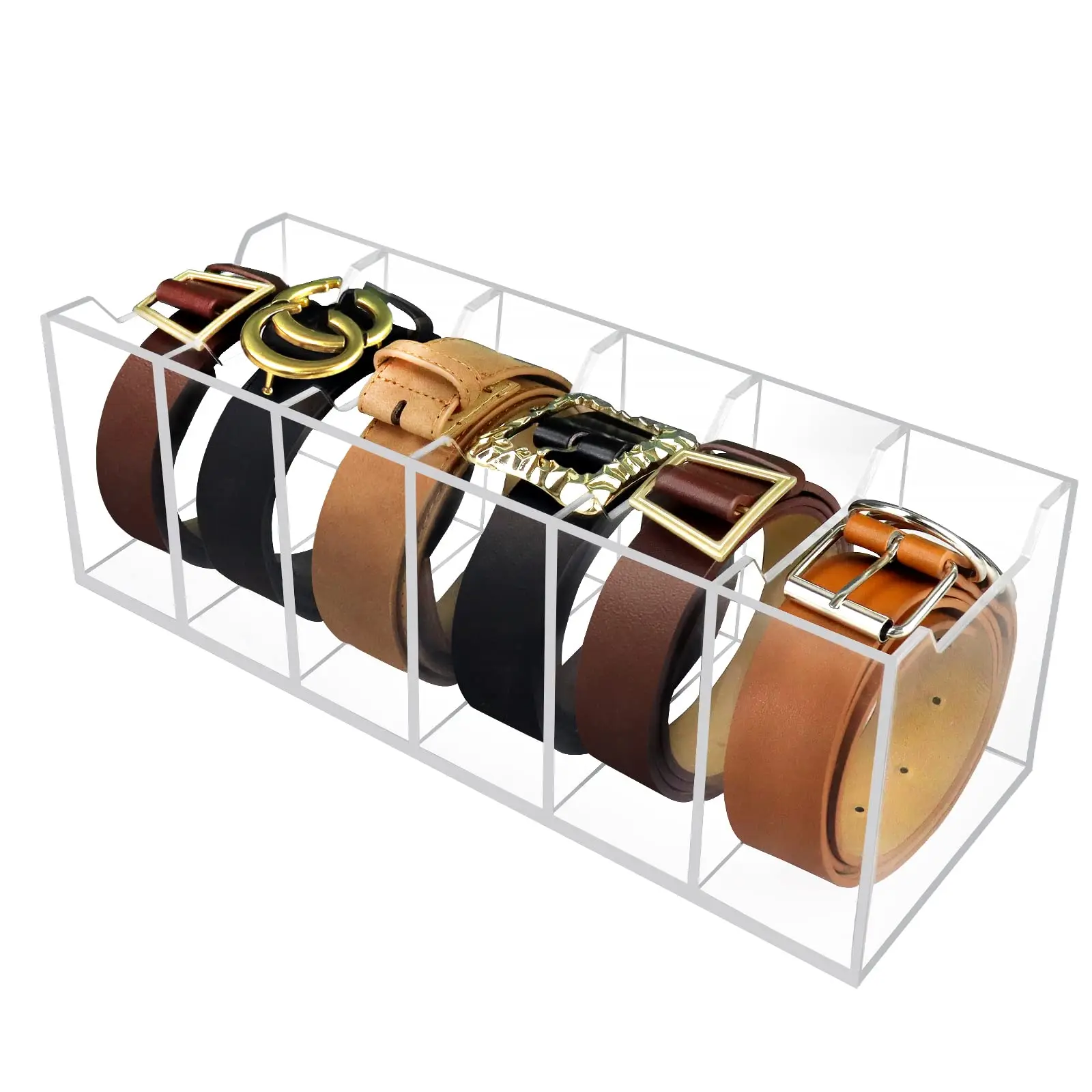 

6 Grids Acrylic Belt Organizer for Closet and Drawer, Clear Storage Holder Display Case for Men Women, Tie, Jewelry