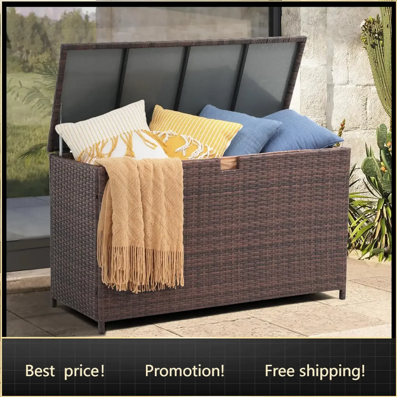 120 Gallon Wicker Outdoor Storage Box w/Waterproof Liner, Brown | All-Weather Rattan Large Deck Box Waterproof, Outdoor