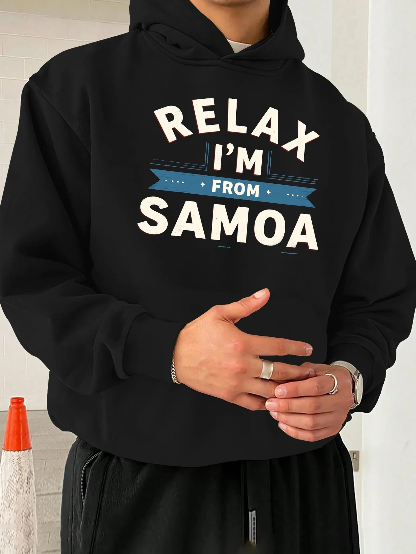 2026 Men Relax I'm From Samoa Text Graphic Printed Drawstring Hoodie, Autumn Winter Loose Long Sleeve Casual Pullover Sweatshirt