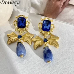 Draweye Bow Stud Earrings for Women Blue Crystal Water Drop Medieval Style Party Jewelry Ins Fashion Elegant Pendientes Mujer