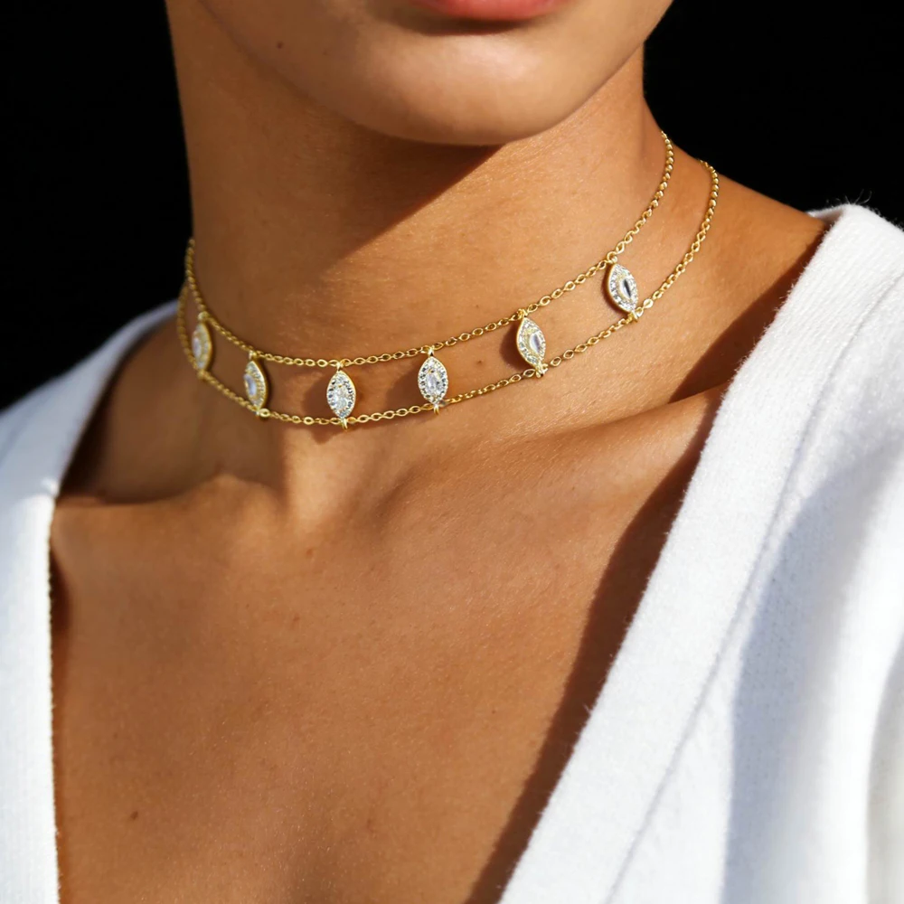 Bling cz paved 3pcs north Star Choker double chain Necklace For Women fashion gorgeous modern jewelry gold color Layer Chokers