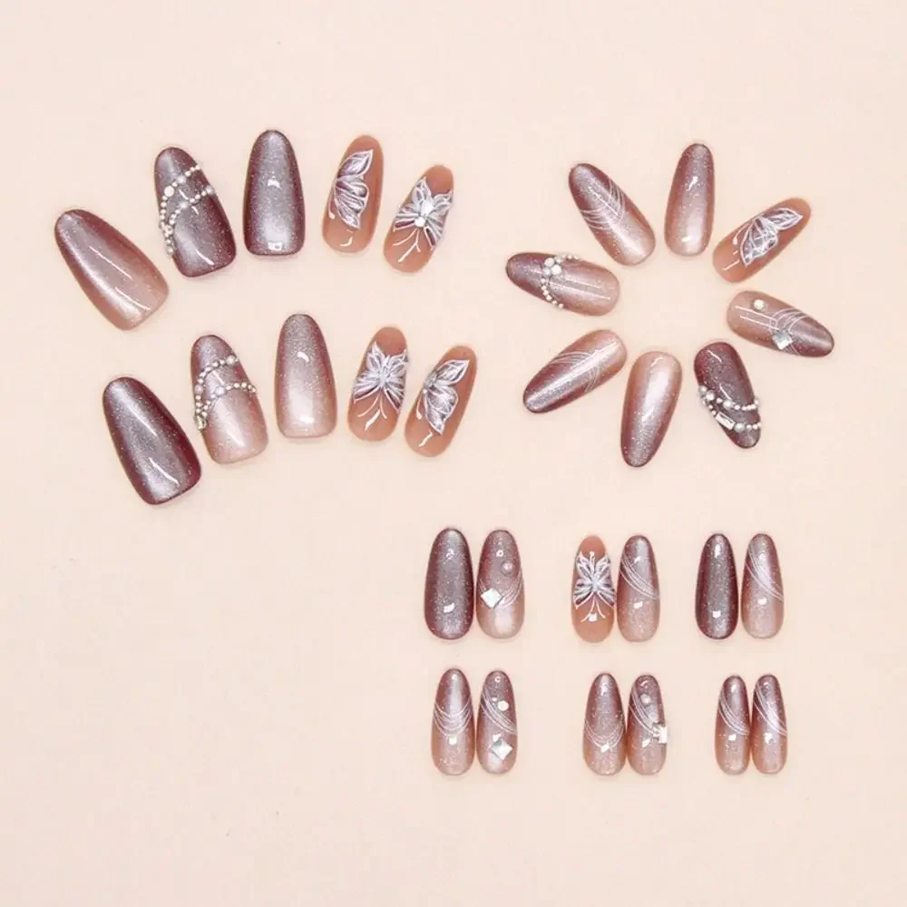 

30pcs Long Almond False Nails French Cat Eye Gradient Line Press on Nails Love Heart Cherry Sparkling Pearl Fake Nials DIY