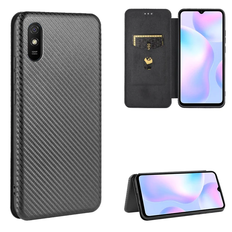 

Углеродное волокно для Redmi 9A, чехол, магнитная подставка для книги, защитный кошелек с откидной крышкой для карт, кожаный чехол, принципиально