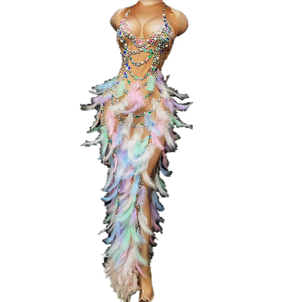 

Colorful Women Feathers Dress Nude Shining Rhinestone Sequins Multicolored Pearls Fashion Show Stage Costume Rave Festival Wear