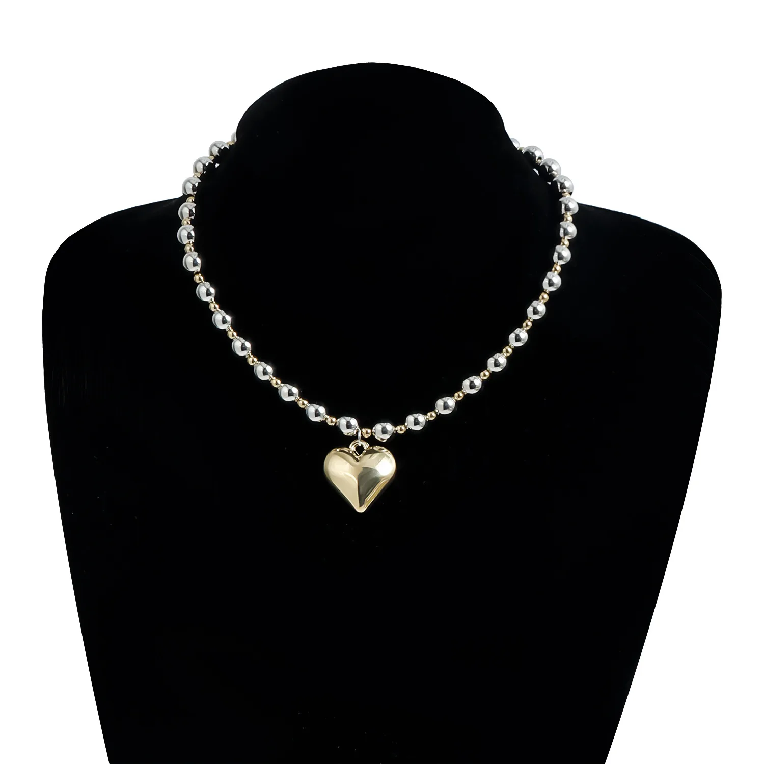 Vintage Bead Silver Bead Heart-Shaped Pendant Chain Necklace For Women Fashion Multiayer Choker Jewelry