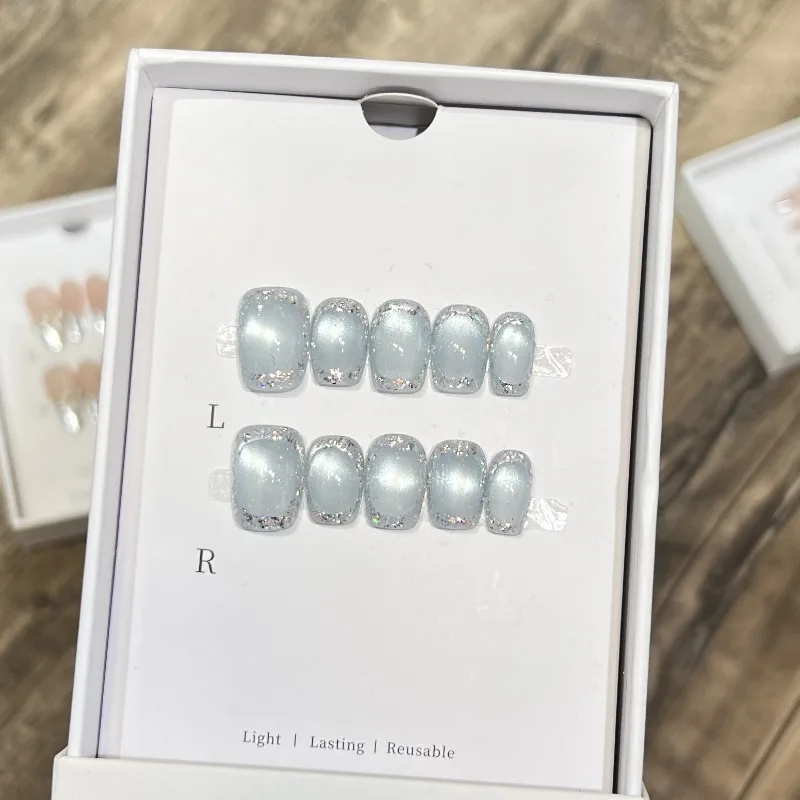 

10 Pieces of Sky Realm Dreamy Sweet Handmade Press On Nails Glass Beads Cat Eye Fake Nails Removable Reusable