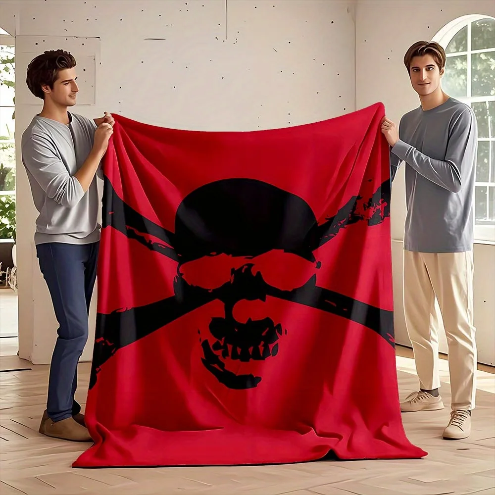 Oversized Red Skull Pirate Blanket Throw Plush Lap Throw for Home Decor Gothic Halloween Skeleton King Queen Size Cozy Gift