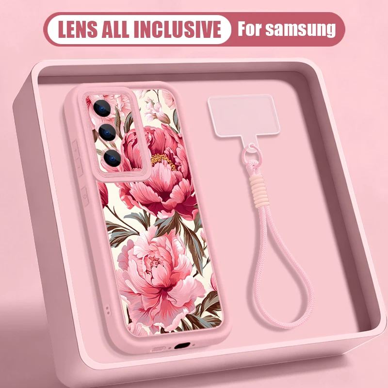 Blumenmuster Handyhülle für Samsung Galaxy S26 S24 S23 S22 Ultra S25 FE A57 A37 A27 A56 A16 A17 A55 A15 A54 mit Trageschlaufe