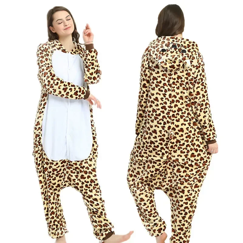 Leopard Kigurumi Pajamas Women Adult Animal Bear Cosplay Costume Print Onesie Flannel Warm Sleepsuit Lovely Mascot Party Fancy