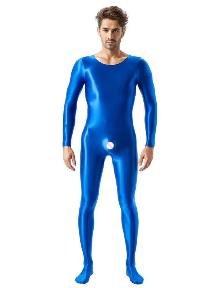 Justaucorps de fitness élastique à col rond pour hommes, justaucorps brillant à l'huile, costume de tambours brillants, tache lisse, transparent, document de bonbons sexy