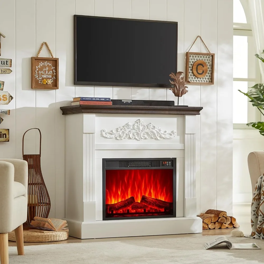 مدفأة كهربائية SOOWERY مع رف، حامل تلفزيون مدفأة مع إدخال مدفأة قابل للاستبدال، مركز ترفيه المزرعة