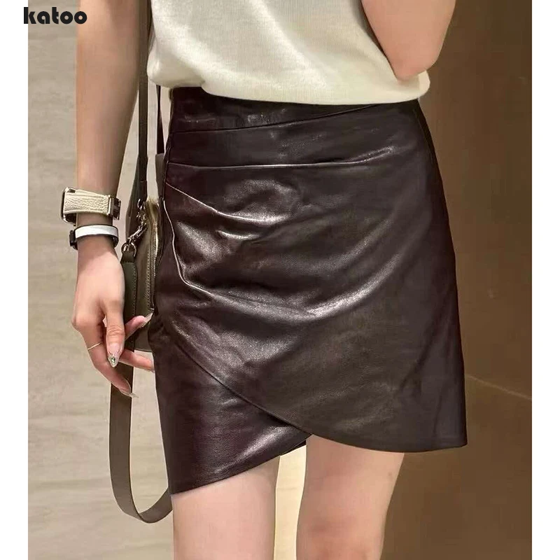 Real Leather Mini Skirt Spring Women Sheepskin Fashion Asymmetrical A-Line High Waist Slim Wrinkled Wrap Hip Short Jupe Femme