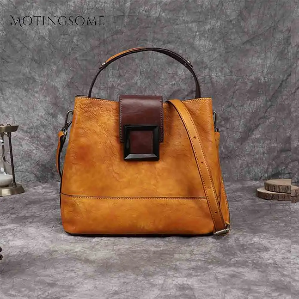 Retro Genuine Leather Bucket Bag Women Shoulder Bag Handwork Vintage Ladies Natural Leather Handbag Large Shopper Bags 2020 New