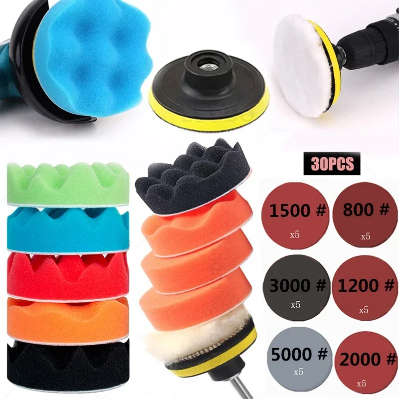 

Car Polishing pad 30/12PCS 3 Inch Buffing pad Sponge Wax Wool Wheel Headlights Repair for Polisher Drill Adapter M10