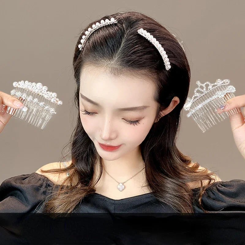 Rhinestone Pearl Comb Clip Women Hair Accessories Bangs Clip Back Head Headdress Broken Hair Finishing Tools Hair Clip Hairpins