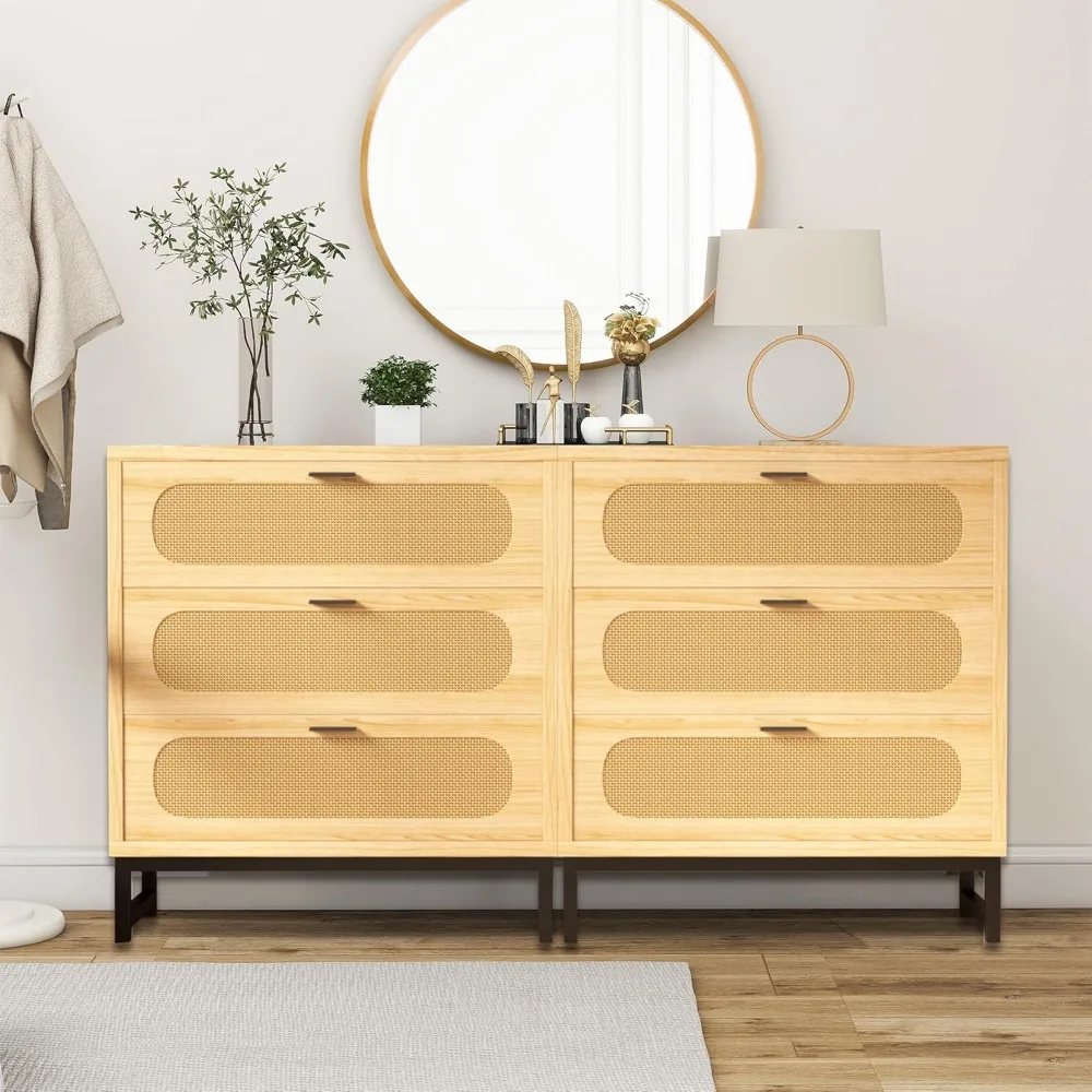 

6 Rattan Drawer Dresser for Bedroom, Closet Dresser with Storage Drawers Organizer Clothes, Large Double Wooden Chest of Drawers
