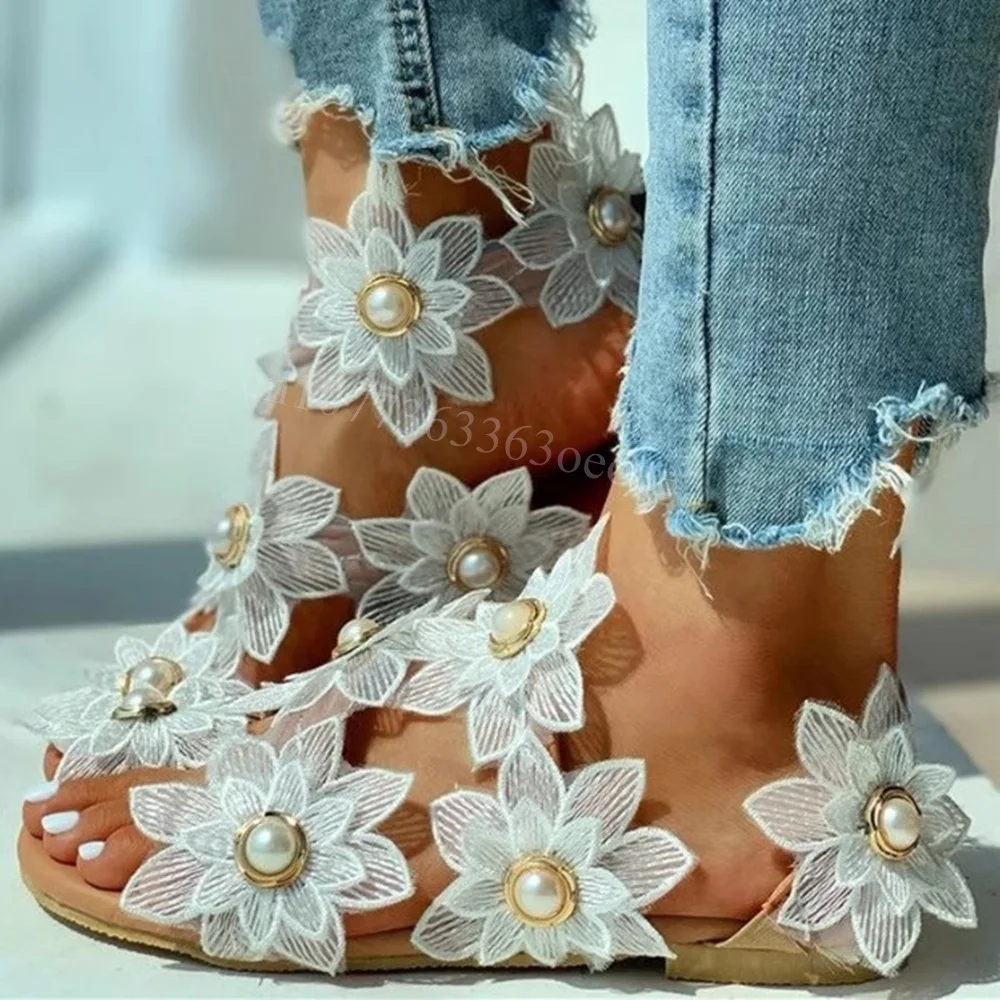 

Beautiful Flower Decor Sandals Pearl Decor Open Toe Shoes for Women Flat Fashion Shoes for Summer 2024 Zapatos Para Mujere