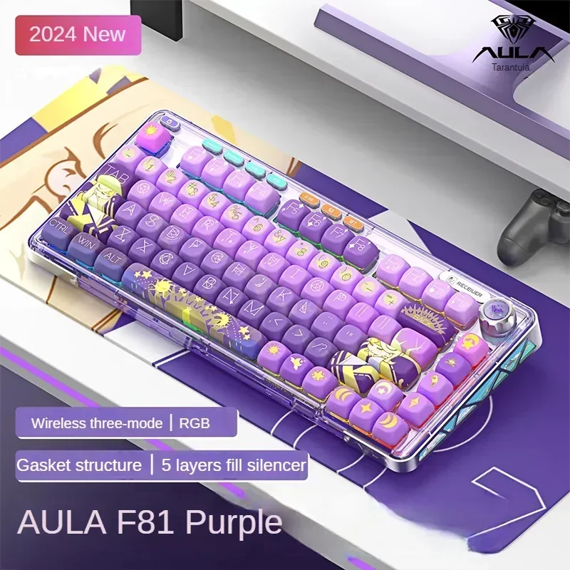 AULA F81 Mechanical Keyboard Three Mode RGB Hot Swap Gasket Customized Transparent Keyb Cap Gaming Keyboard Windows/Mac