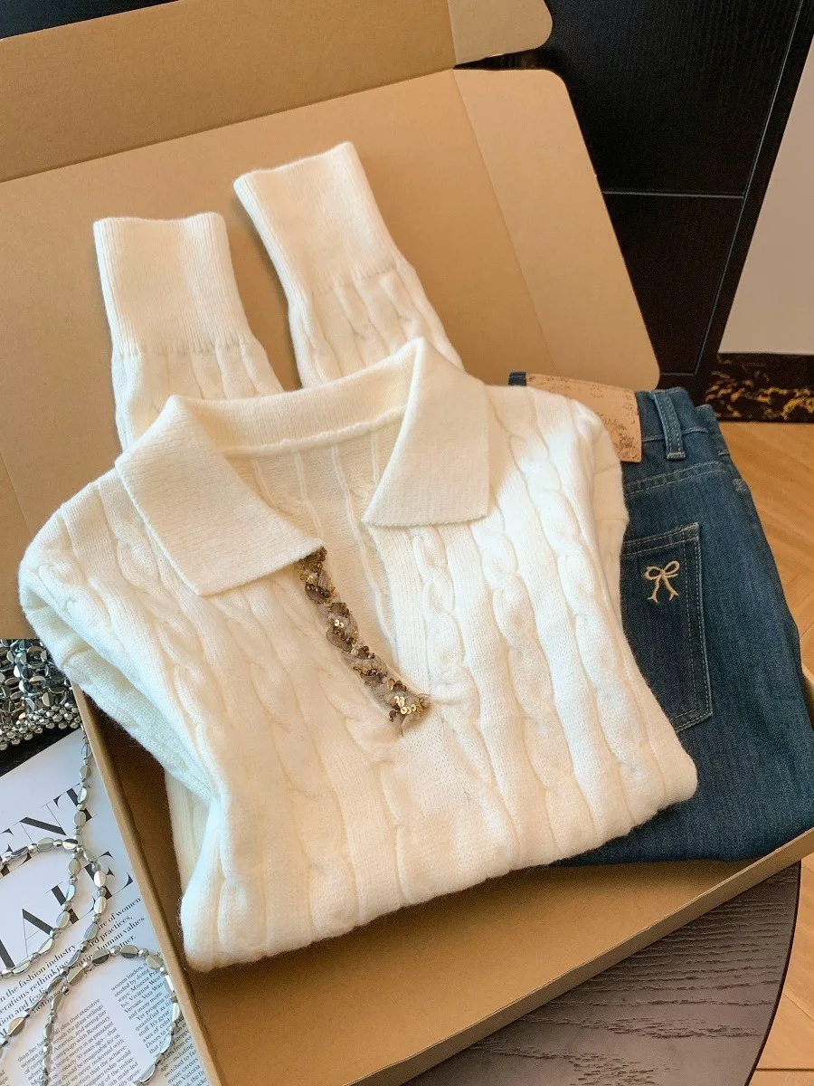 الرجعية الكورية V-Ne الترتر تويست Ne Long Sve محبوك سترة المرأة الخريف الشتاء فضفاض قاعدة طبقة سترة