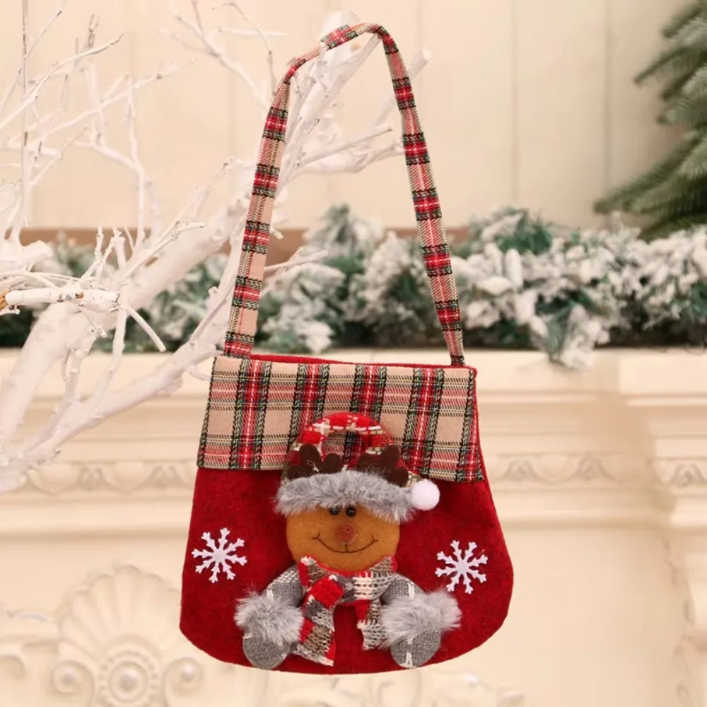Plaid Trim Christmas Gift Bag Applique Decoration Open Top Holiday Gift Bag Long Carry Handles Christmas Tote Bag Candy Storage