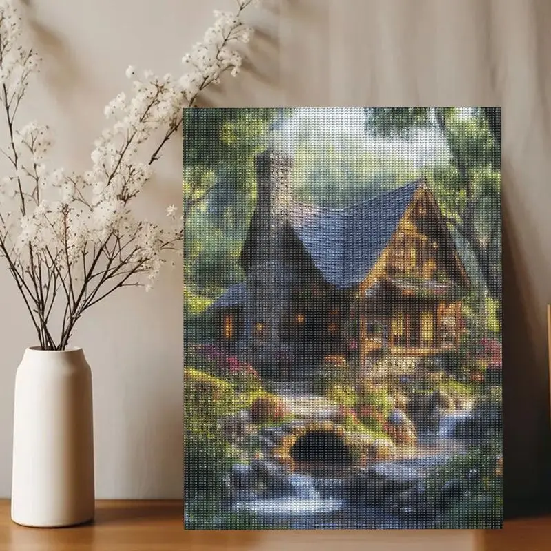 PhotoCustom Full Round Diamond Painting House Landscape For Adult Home Decor Rhinestone Pictures Gift - view 3