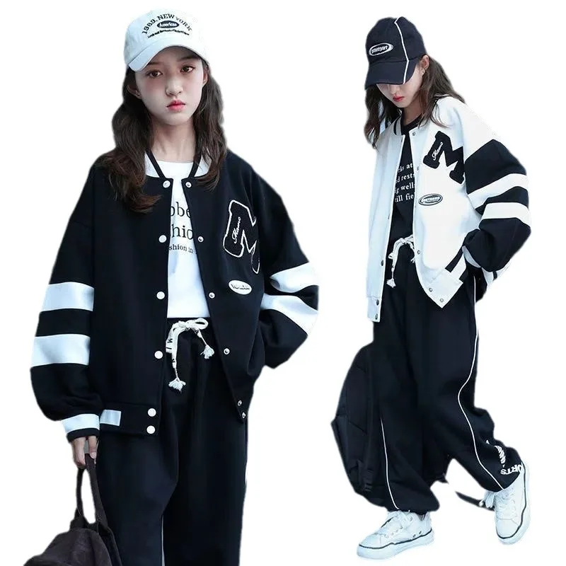 

Teen Girls Contrast Alphabet Single-breasted Baseball Jacket+Drawstring Sweatpant Set School Kids Tracksuit Child Outfit 3-15Yrs