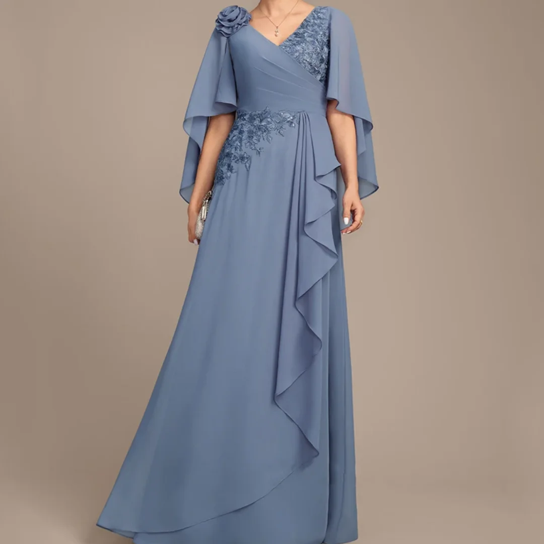 

Elegant V Neck Sequined Applique Ruffles Chiffon Wedding Guest Gown with Cape Mother of The Bride Dress Customized
