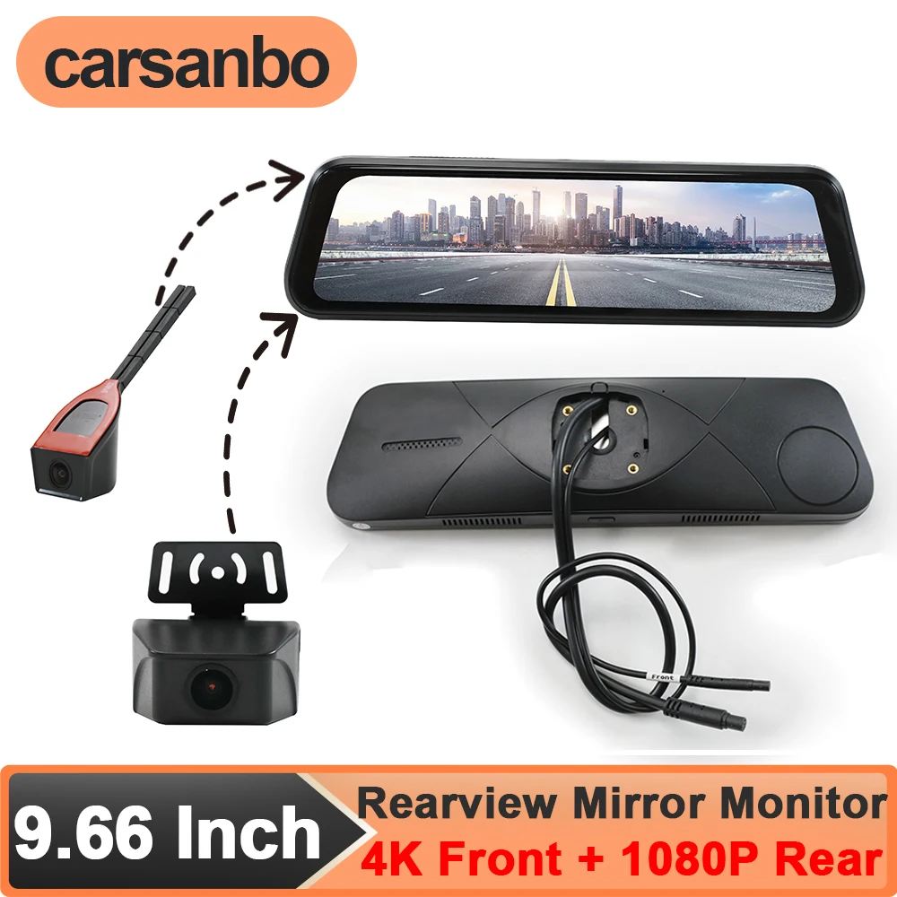 Carsanbo 9.66 Inch IPS LCD Full Screen Car Rear View Mirror Monitor with 4K Front View Camera and 1080P Reversing Backup Camera