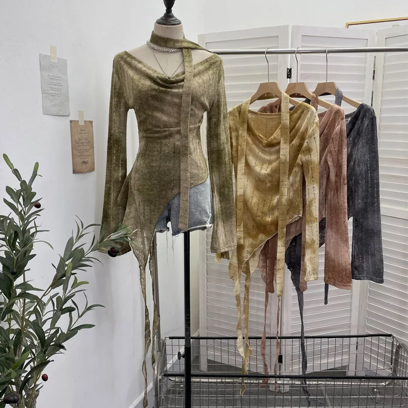 Women's Sexy Off The Shoulder Long-sleeved Ripped Knitted Top Hollow Irregular Streamer T-shirt Women