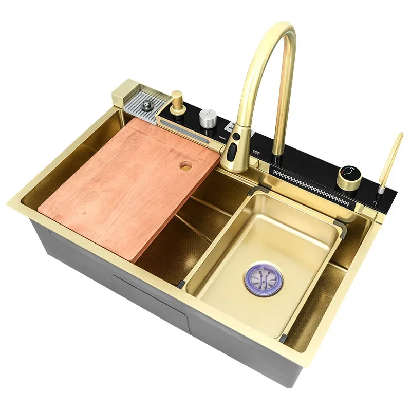 Super thick double waterfall sink nano 304 stainless steel single can kitchen vegetable washing digital display