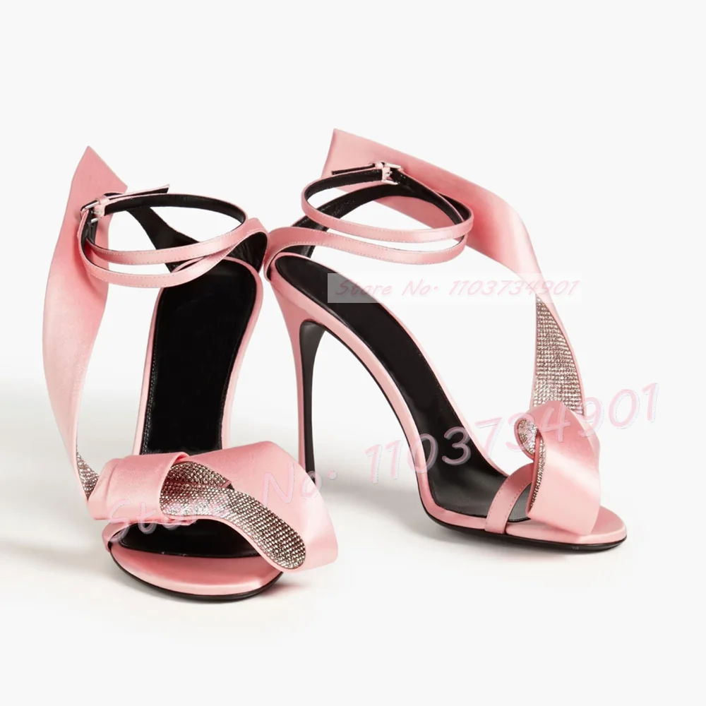 Pink Crystals Strap Satin Sandals Women Luxury Ribbon Ankle Strap Stiletto High Heels Shoes Lady Sexy Elegant Big Size Sandals