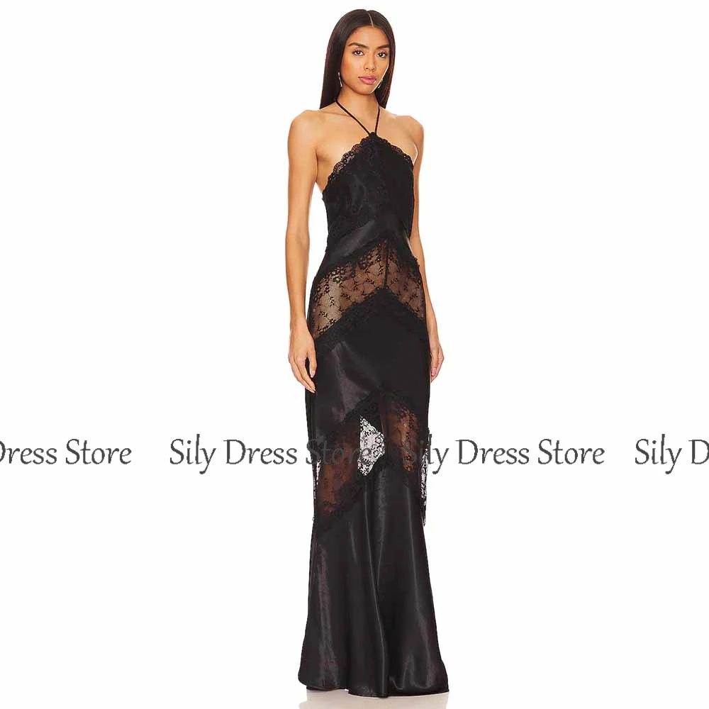Lace Sexy Evening Dresses 2025 Satin Mermaid/Trumpet Celebrity Dress Black Halter Hollow Ruched Split Prom Dress Long image 4