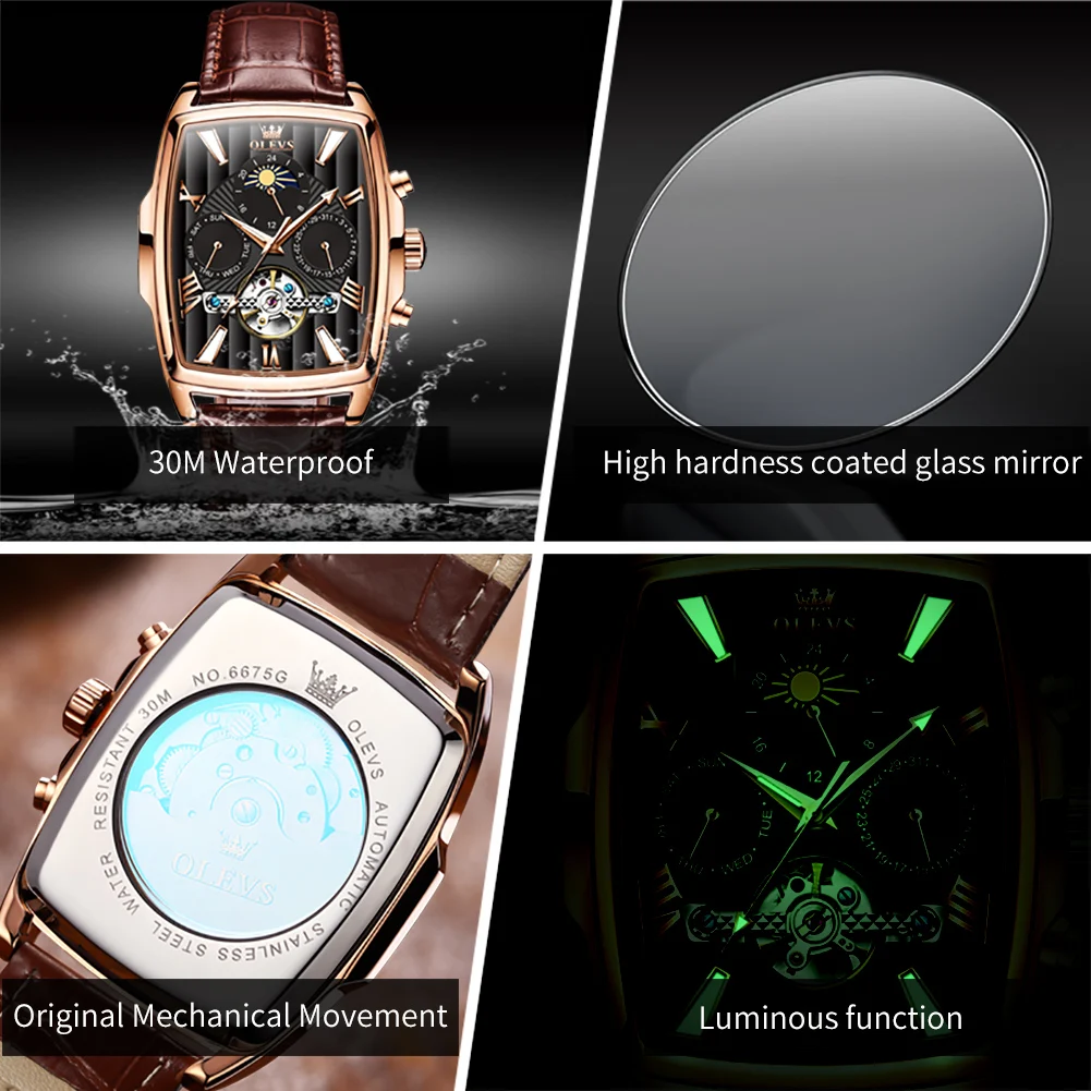 New OLEVS Mens Watches Automatic Mechanical Watch Tourbillon Sport Clock Leather Casual Business Retro Wristwatch Relojes Hombre