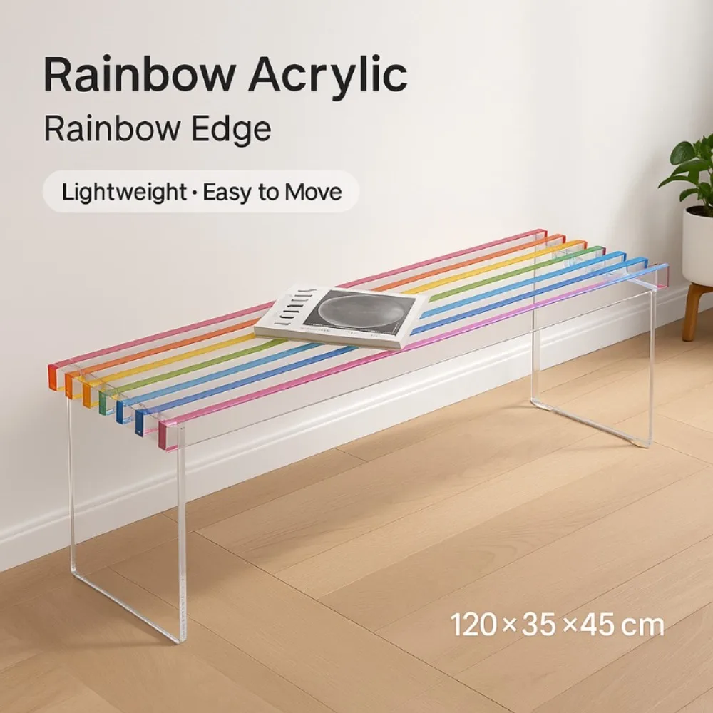 레인보우 아크릴 투명 벤치 – 거실, 현관 및 침실용 모던한 투명 롱 스툴, 가볍고 이동이 쉬움
