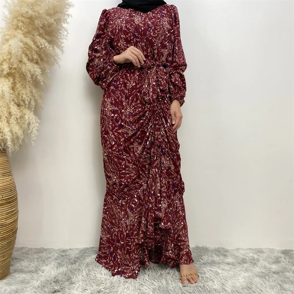 Muslim Women\'s dress Casual print bark crepe long dress Zipper collar long sleeves loose Muslim maxi dress