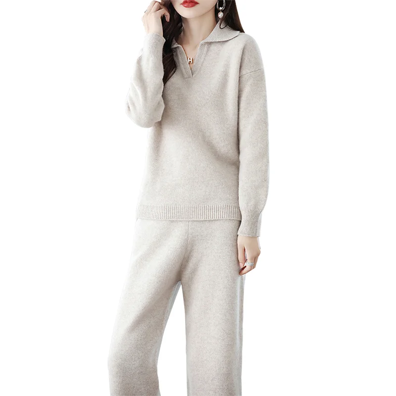 

2024 High end Autumn/Winter 100% Pure Wool Knitted Set Women's Two piece Set Sweater POLO Collar Cashmere Casual Wide Leg Pants