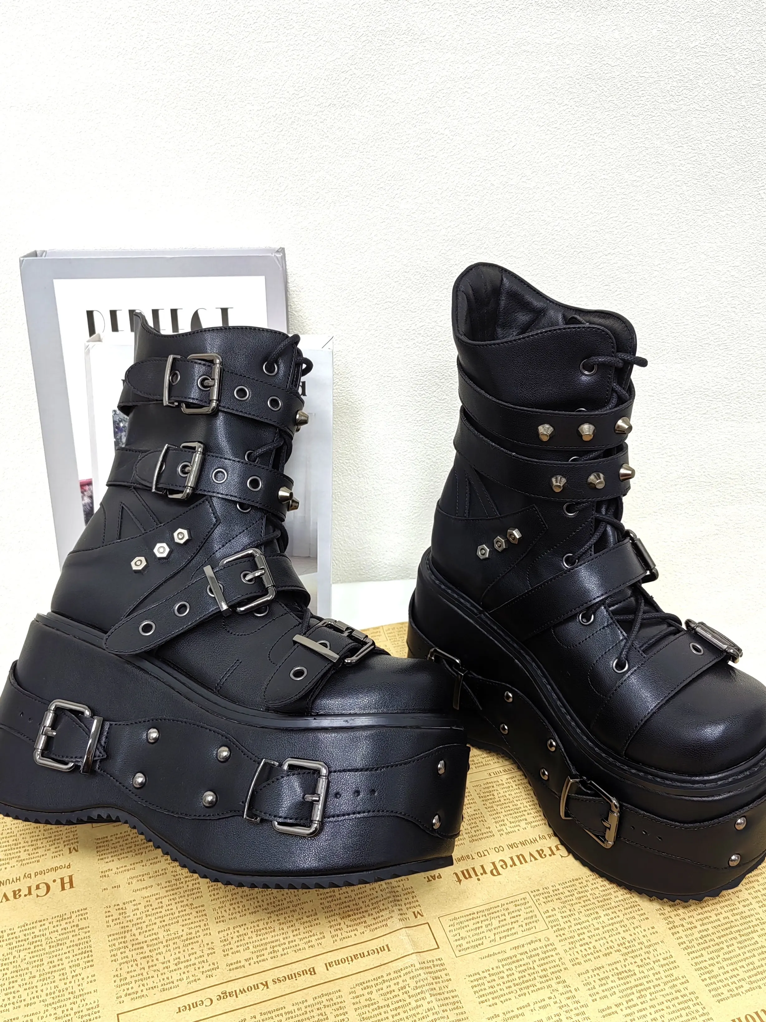 New Gothic Punk Platform Ankle Boots Women Black Leather Lace-up Combat Boots With Buckles Rivets Heavy Metal Style Short Boots