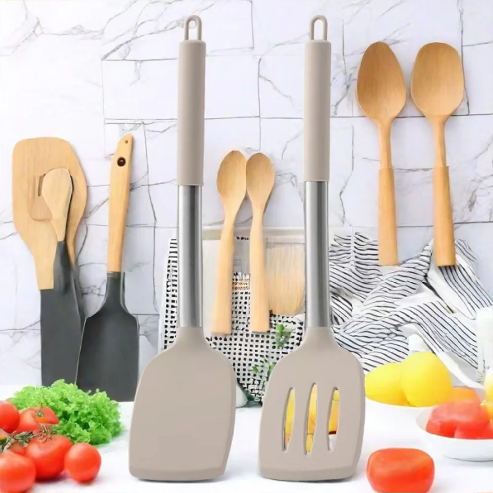 2 Pieces Silicone Spatula Kitchen Cooking Utensils Stainless Steel Tight Spatula Leaky Spatula Non-stick Cookware Kitchen Tools