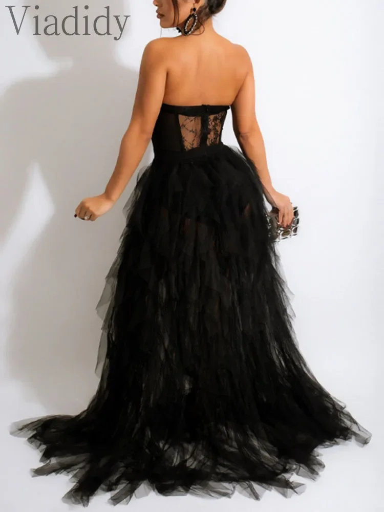 Dames sexy pure mesh doorzichtige kanten bandeau ruches decor vloerlange feestjurk