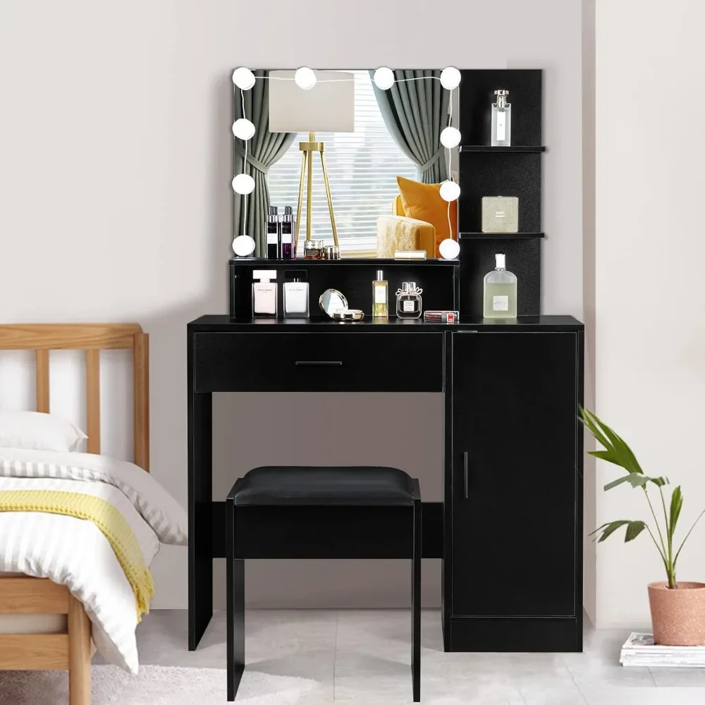 

Dressing Table with Mirror and Light, Black Makeup Table with Drawers and 6 Storage Shelves
