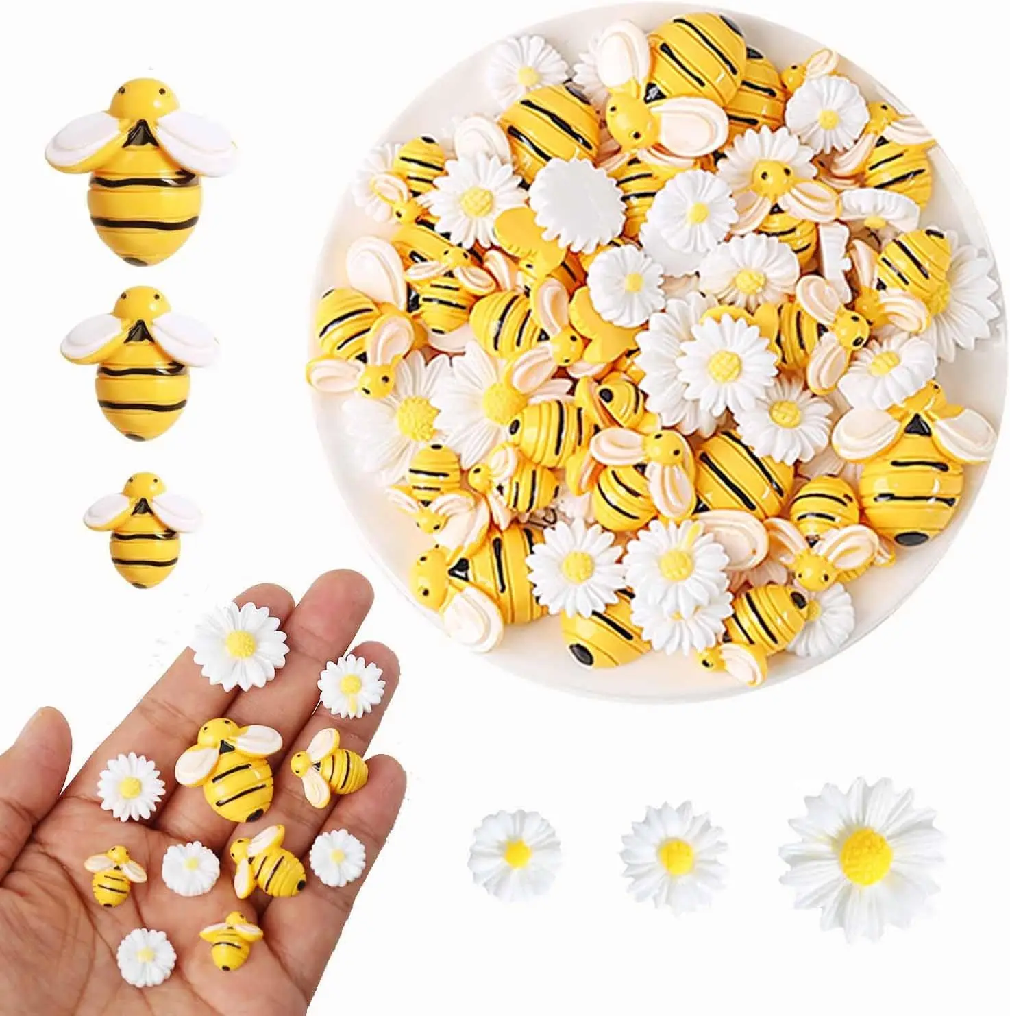 120Pcs Resin Bee Daisy Flowers Decor Tiny Bees Craft Decoration Flatback Bumble Bee Shaped Embellishment for DIY Crafts Scrapboo