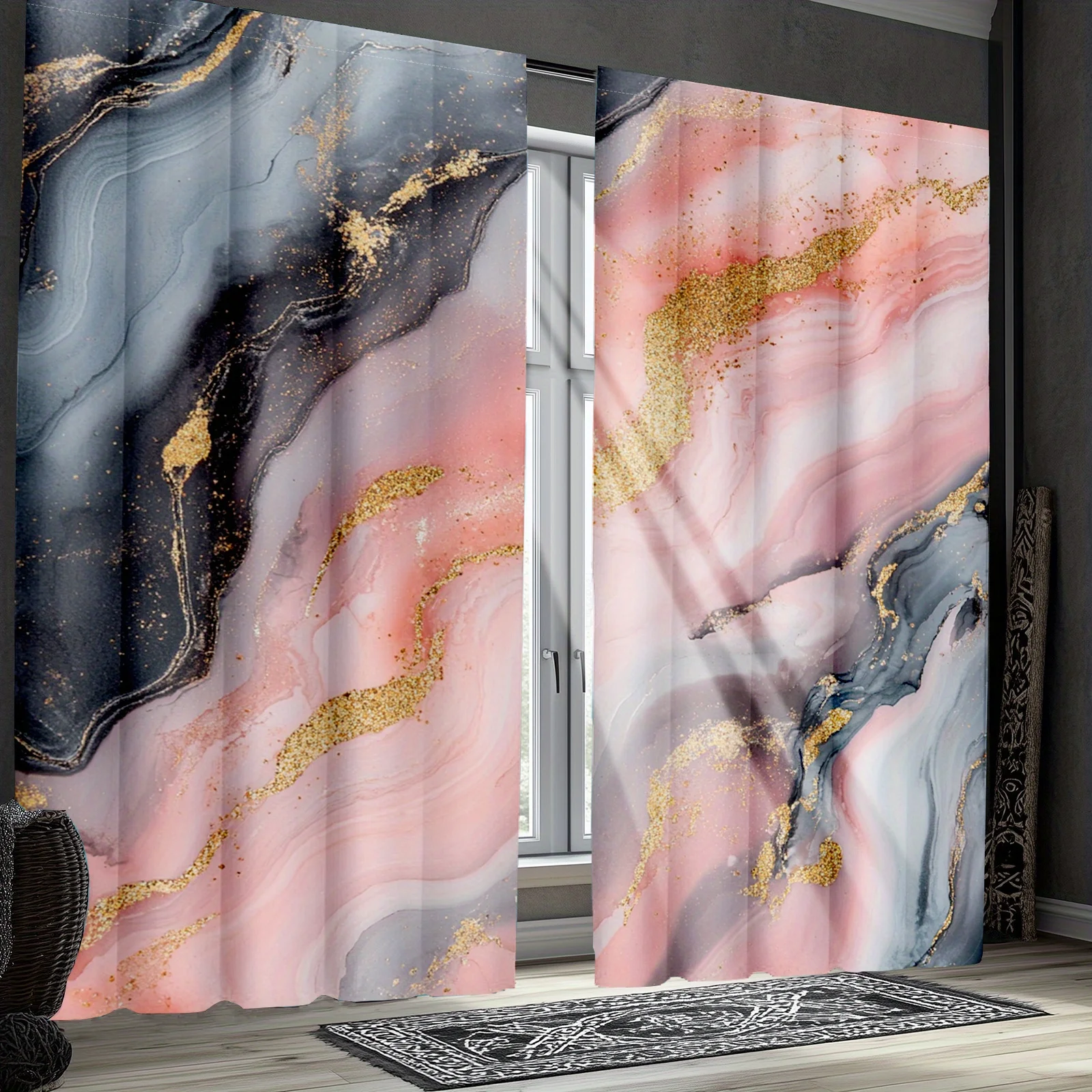 Modern Abstract Gold Marble Curtains Polyester Luxury Drapes for Living Room Window Treatment Home Decor Privacy Curtain