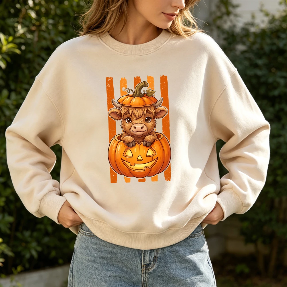Halloween Crewneck Sweatshirt Highland Cow Sitting Inside Jack O Lantern Pumpkin Orange Distressed Stripes Cute Animal Pullover