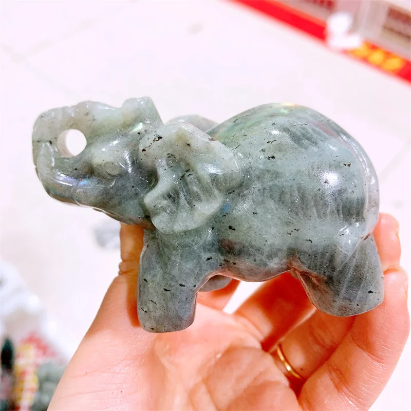 Natural Labradorite Hand Carved Elephant Statues Crystal Animal Cute Carving Figurine For Christmas Gift 1pcs