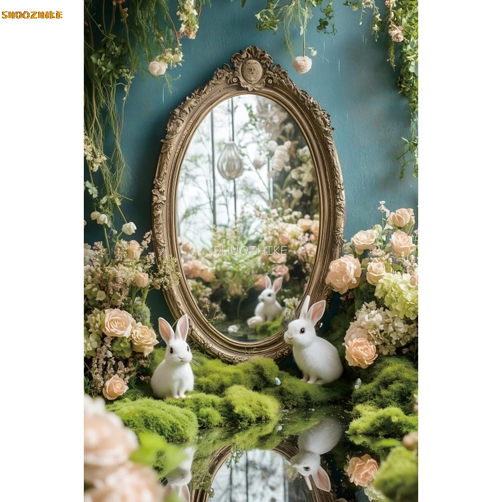 Sfondo fotografico di Pasqua primaverile Fiori Prateria Conigli Ritratto di bambini Decorazioni per feste di compleanno Sfondo per servizio fotografico Photobooth
