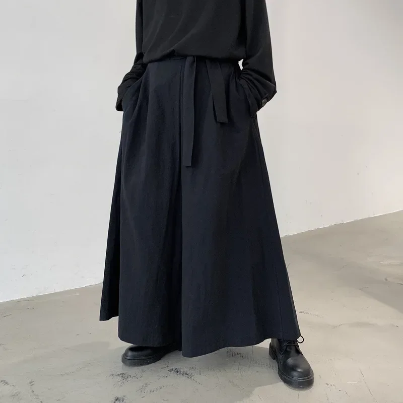 

2024 Trendy Gothic Dark Style Loose Cropped Hakama Pants Wide Leg Pants New Large Size Design Sense Samurai Pants Men's Clothing