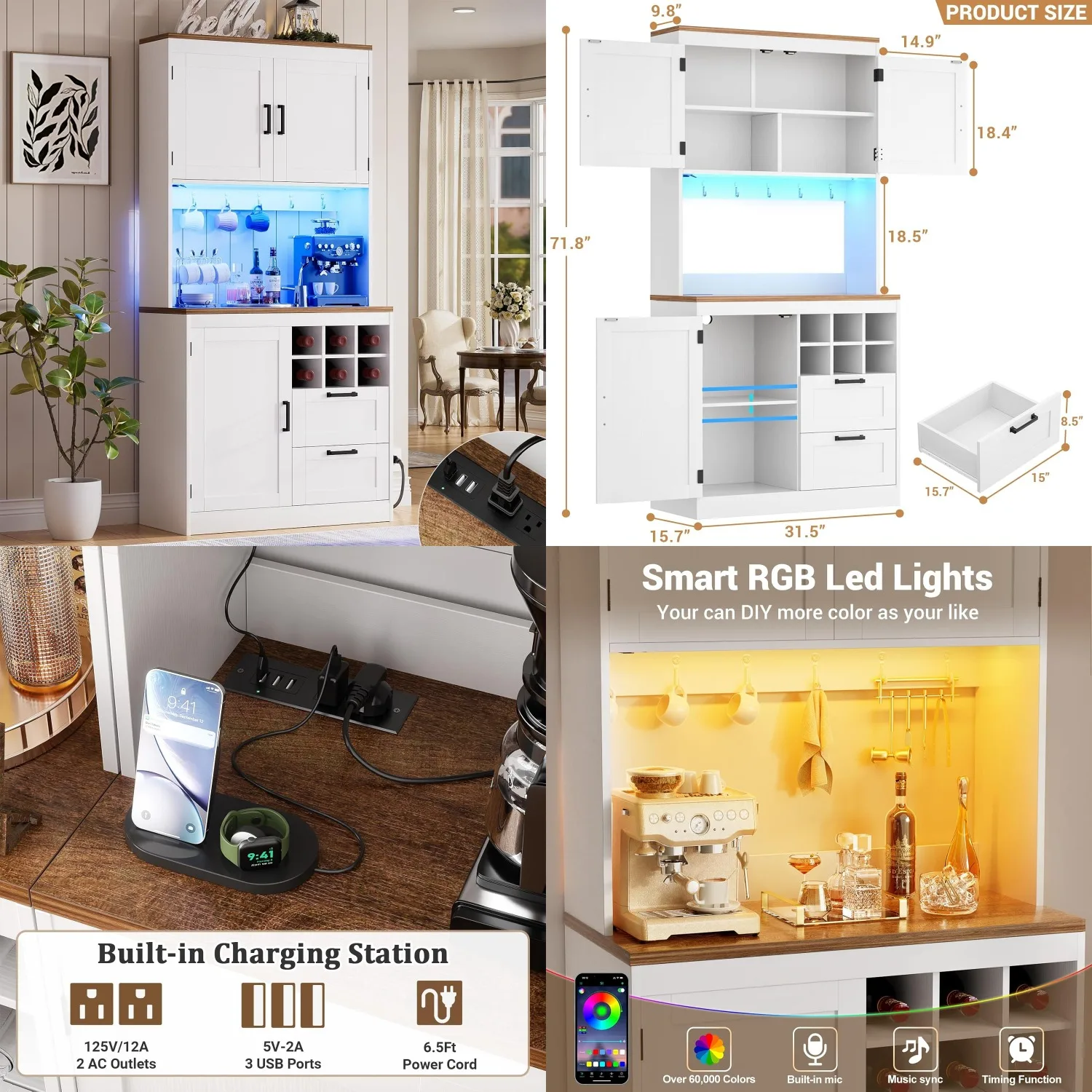 

Высокий шкаф-буфет 72 дюйма с LED-подсветкой и розетками, подставка для микроволновки, винная полка, выдвижные ящики, для кухни и столовой, белый, на заказ