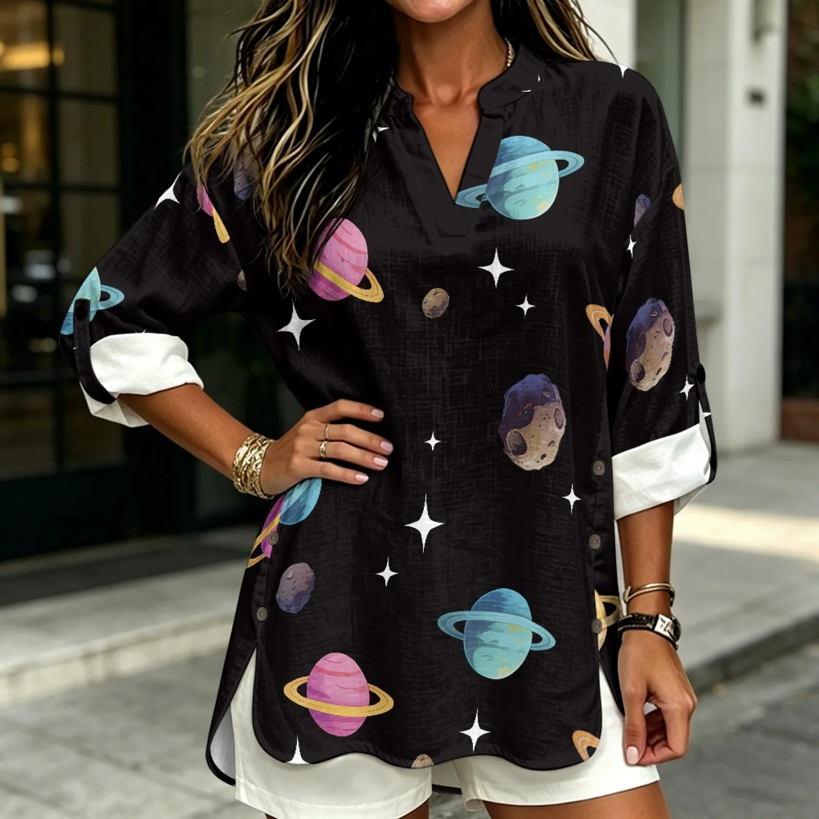 PENSTROLL Space Planet Linen Style Long Sleeve Shirts Blouse for Womens Pullover Loose Fit Blouses